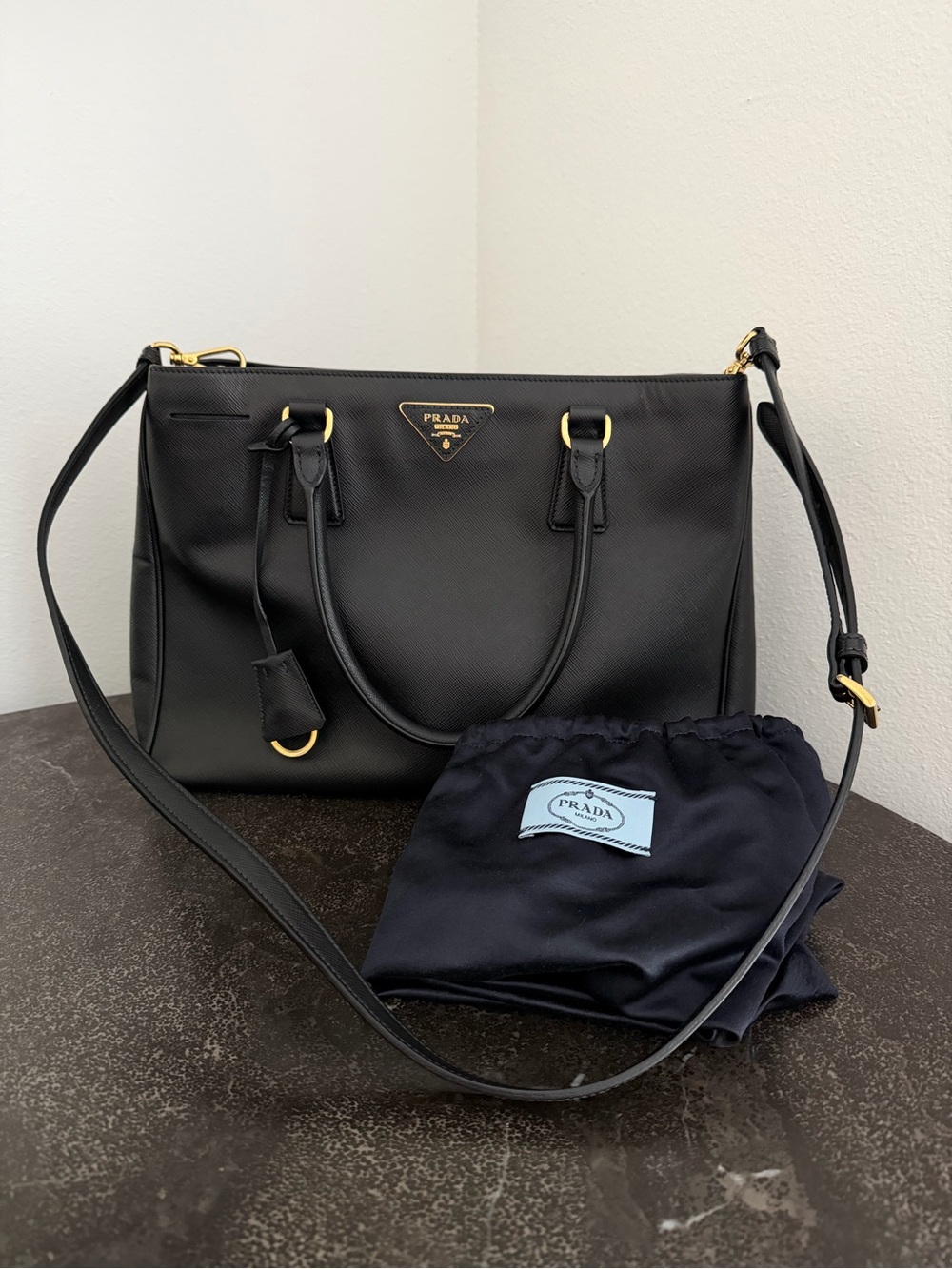 Prada Black Saffiano Leather Killer Bag with Gold Hardware - Pre-Loved